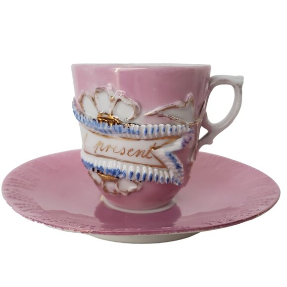 Charming Vintage German Porcelain 'A Present' Embossed Pink Cup Set - Picture 1 of 9